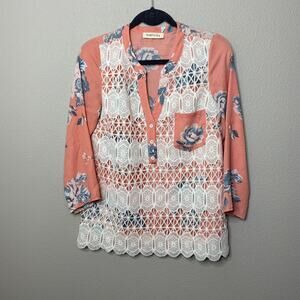 Moon and Sky‎ Peach Floral Crochet Popover Size Small